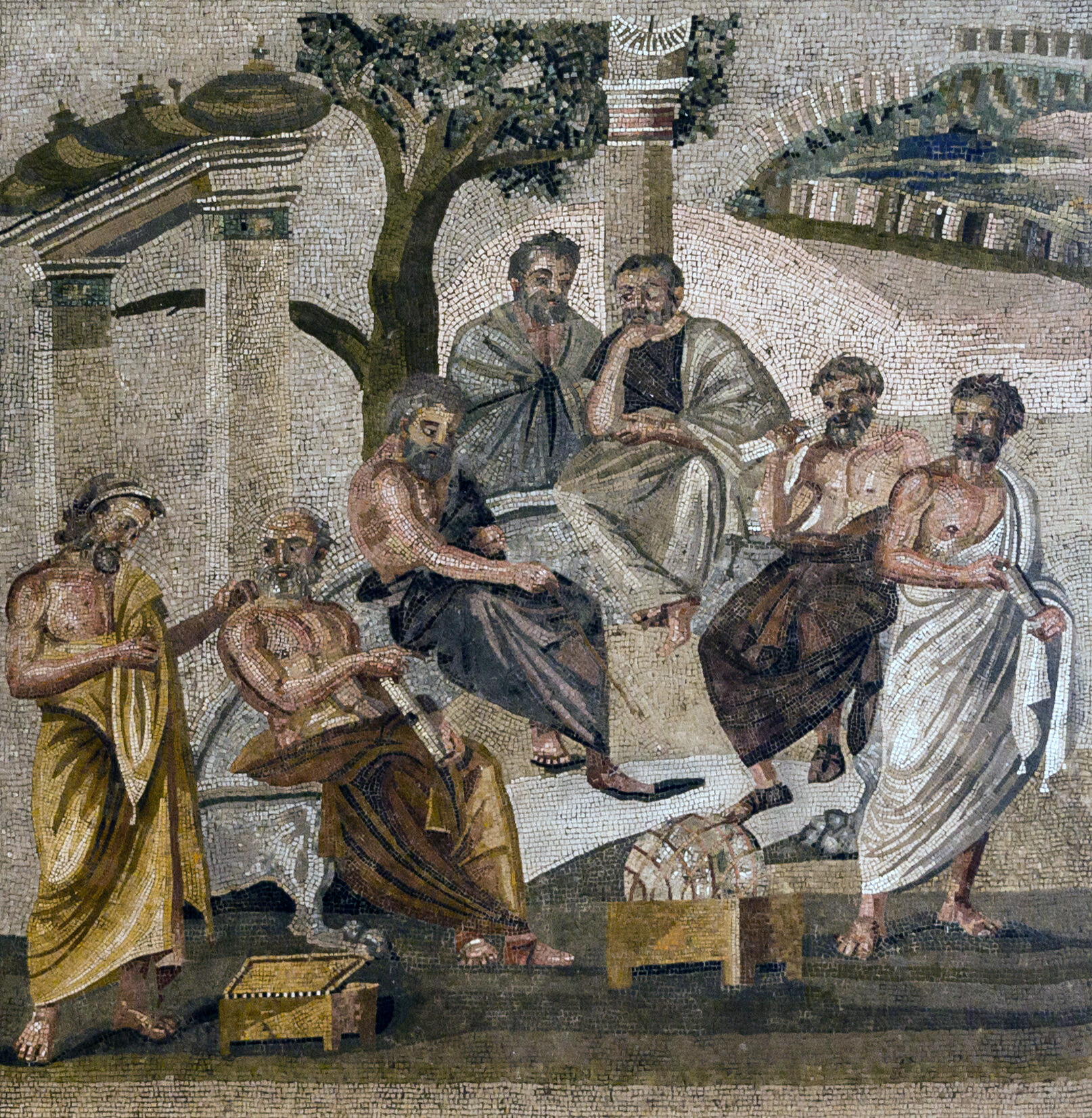 Plato's Academy mosaic from Pompeii — philosophers in dialogue under a tree